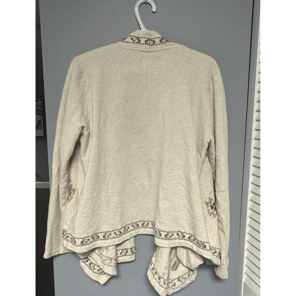 Lucky Brand Lucky Lotus Beige Cream Aztec Embroidered Knit Wrap Cardigan‎ L - Picture 2 of 7